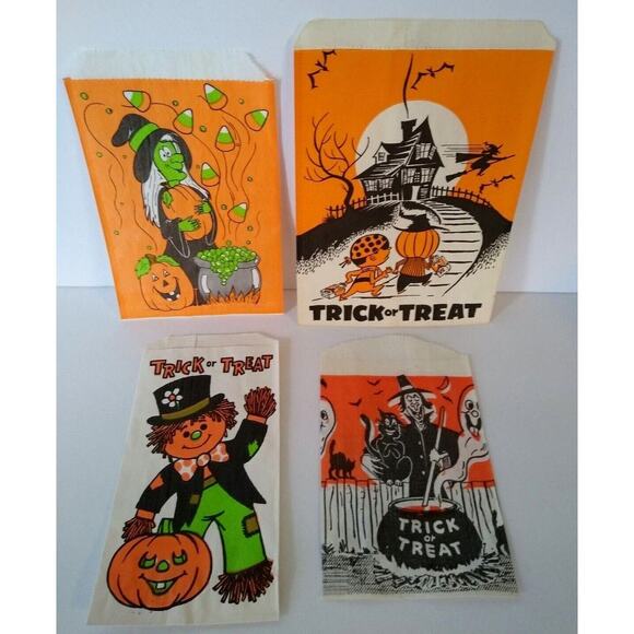 Halloween Candy Trick Or Treat Bags Scarecrow Green Face Witch Ghost Cats (4) - Picture 1 of 2